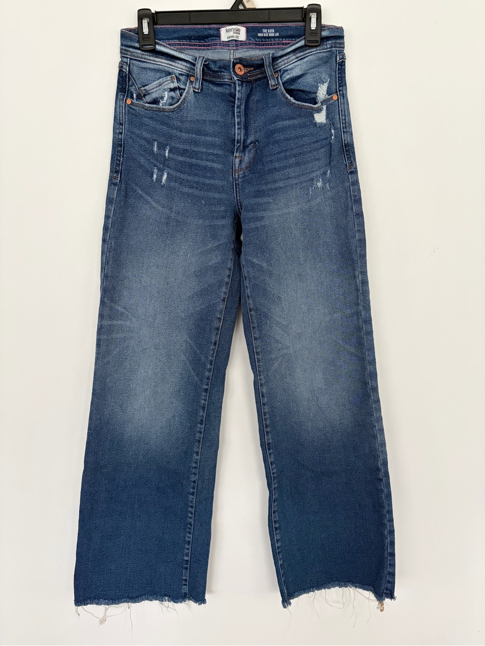 Kensie Jeans Distressed High Rise- Wide Leg Jeans - Blue
